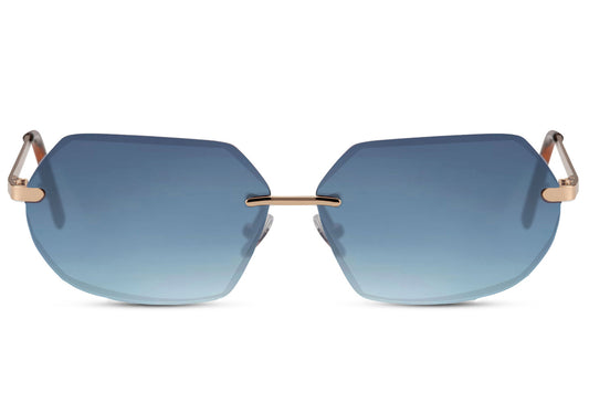 Unisex zonnebril met goud montuur en blauwe lenzen.