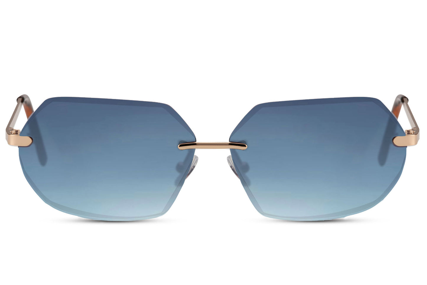 Unisex zonnebril met goud montuur en blauwe lenzen.