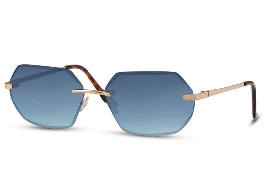 Unisex zonnebril met goud montuur en blauwe lenzen.